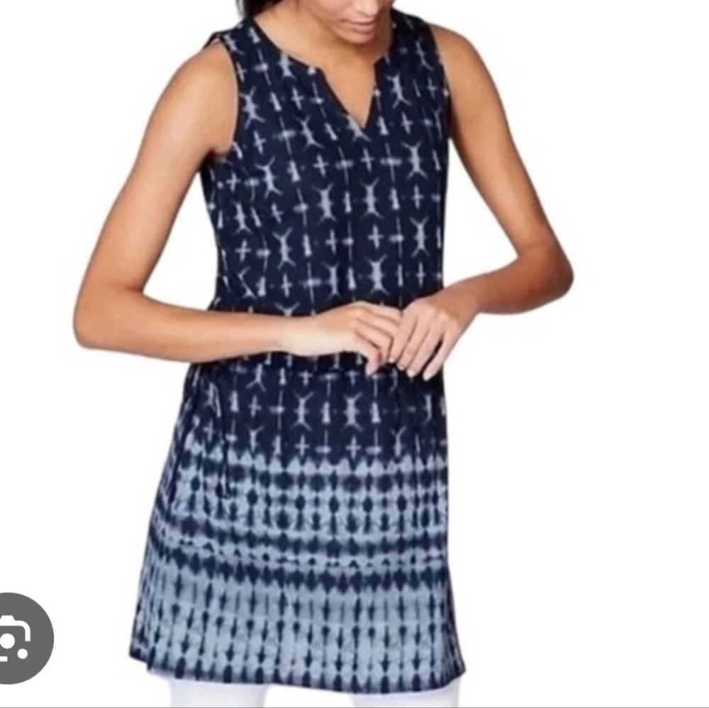 PureJill Tunic Navy and White 55% Linen/45% Rayon Knit Sleeveless Tunic Sz. S